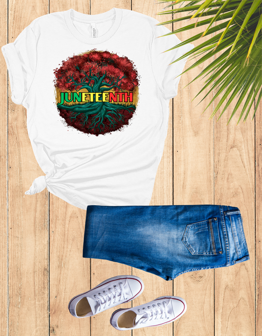 Vibrant Juneteenth Celebration Shirt featuring a powerful tree design symbolizing growth and resilience, with the word "Juneteenth" in bold colors, perfect for celebrating freedom and Black history.