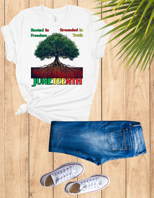 Empowering 'Rooted in Freedom' Juneteenth shirt featuring a majestic tree with roots symbolizing strength and resilience, perfect for celebrating heritage and Black history.