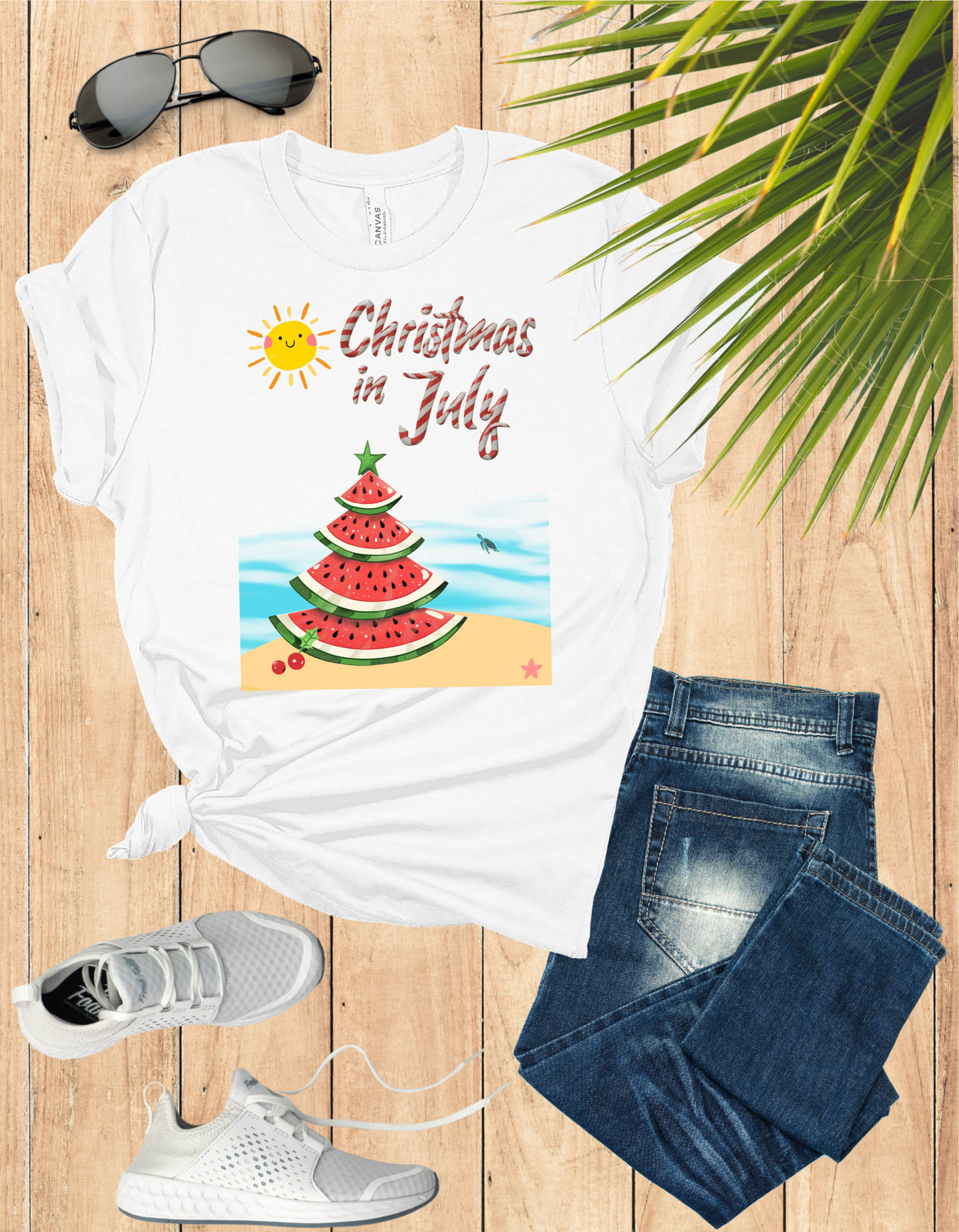 Christmas in July 2024: Tropical Watermelon Christmas Tree Beach Tee