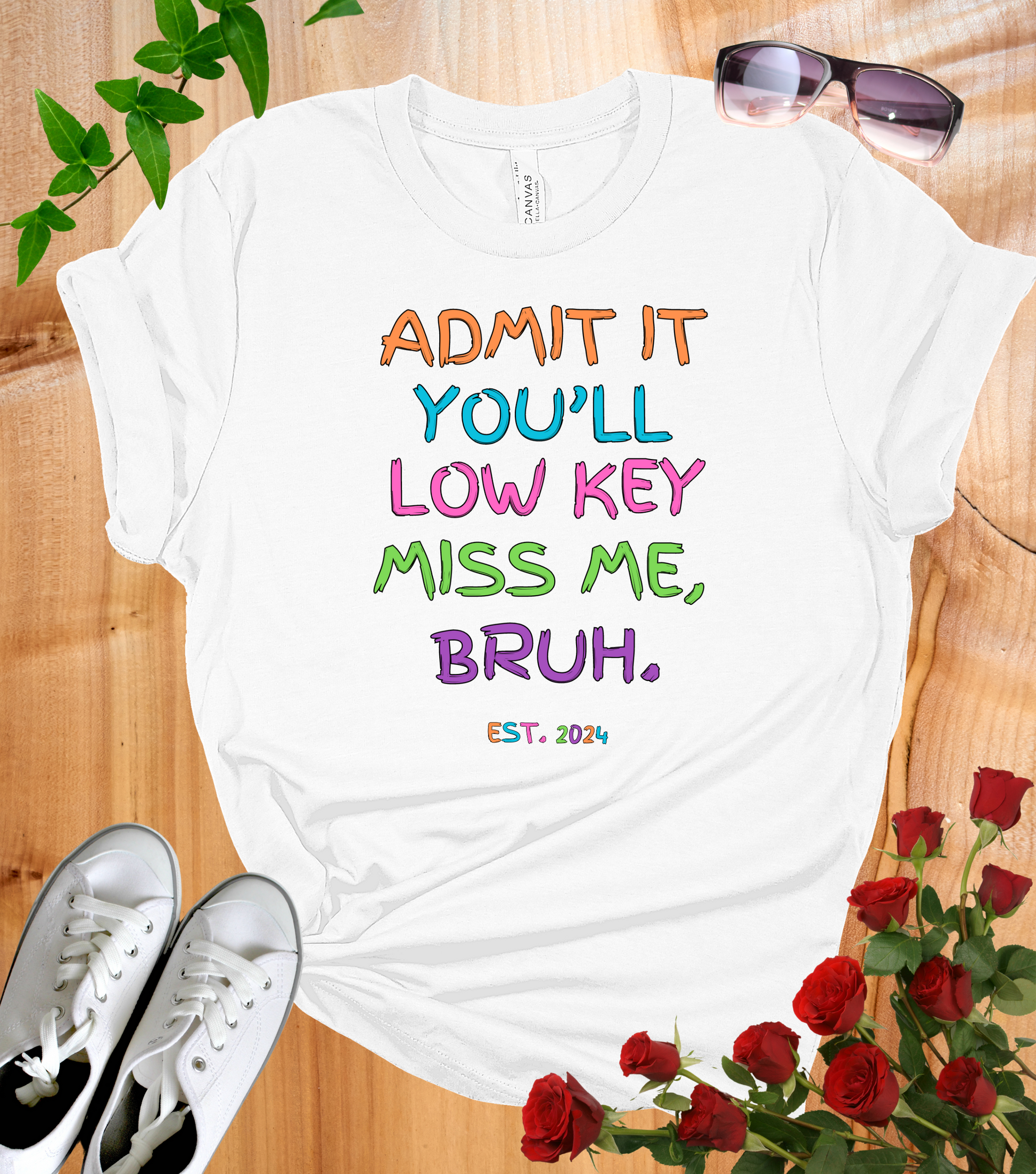 T-shirt featuring colorful text that reads 'Admit It, You’ll Low Key Miss Me, Bruh', a playful summer shirt perfect for teachers, celebrating the end of the school year.