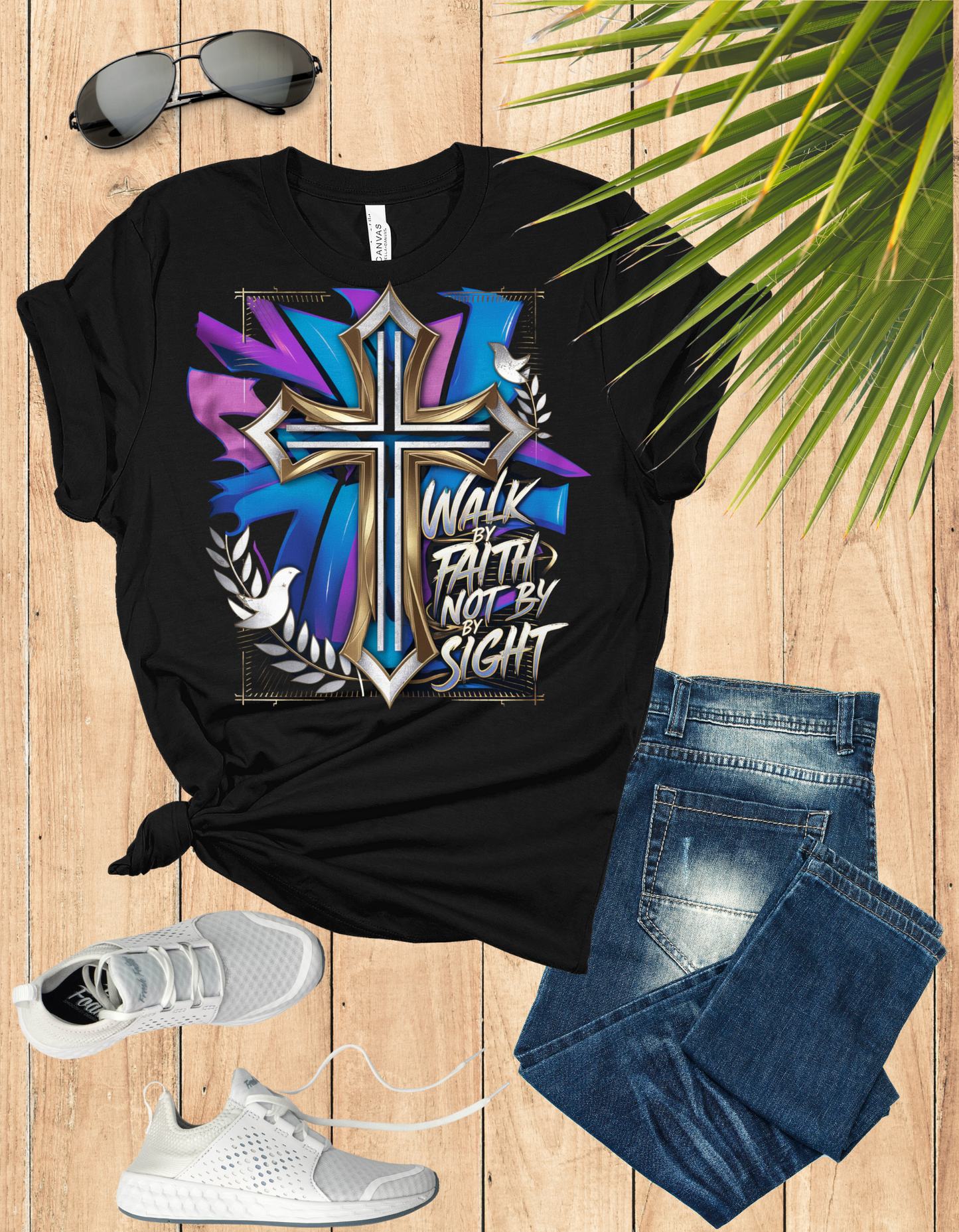 Urban Faith graphic tee featuring a powerful cross design, blending urban style and spiritual strength for women.