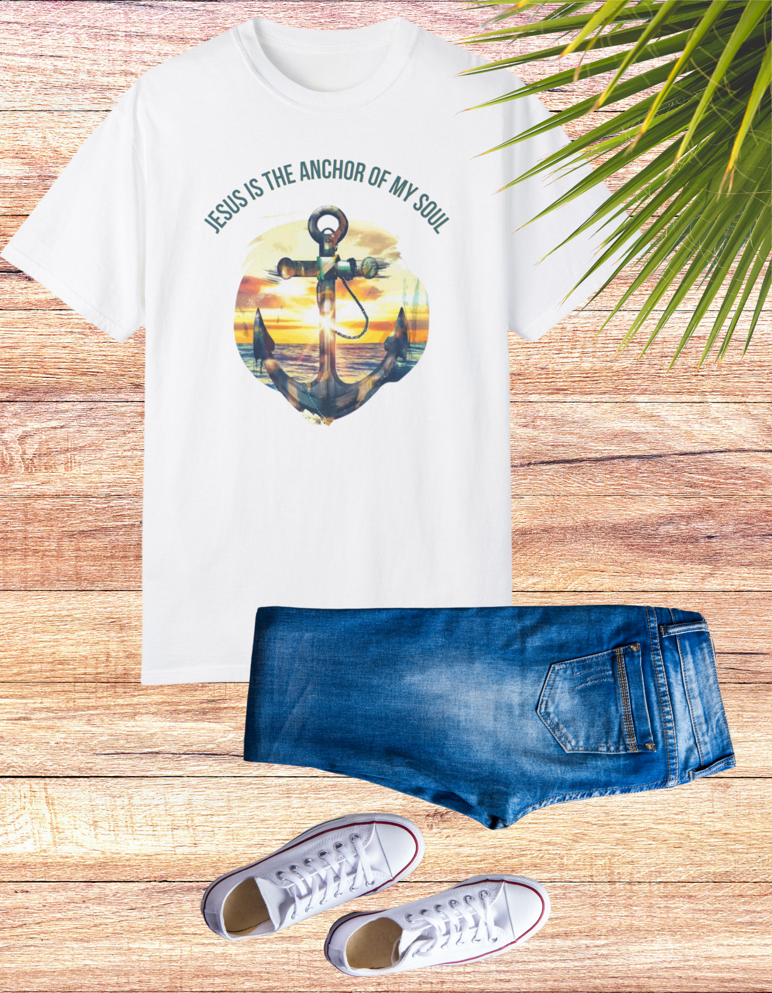 Inspirational "Jesus is the Anchor of My Soul" Christian graphic tee featuring an anchor design set against a serene sunset, perfect for expressing faith and spirituality with a vintage touch.