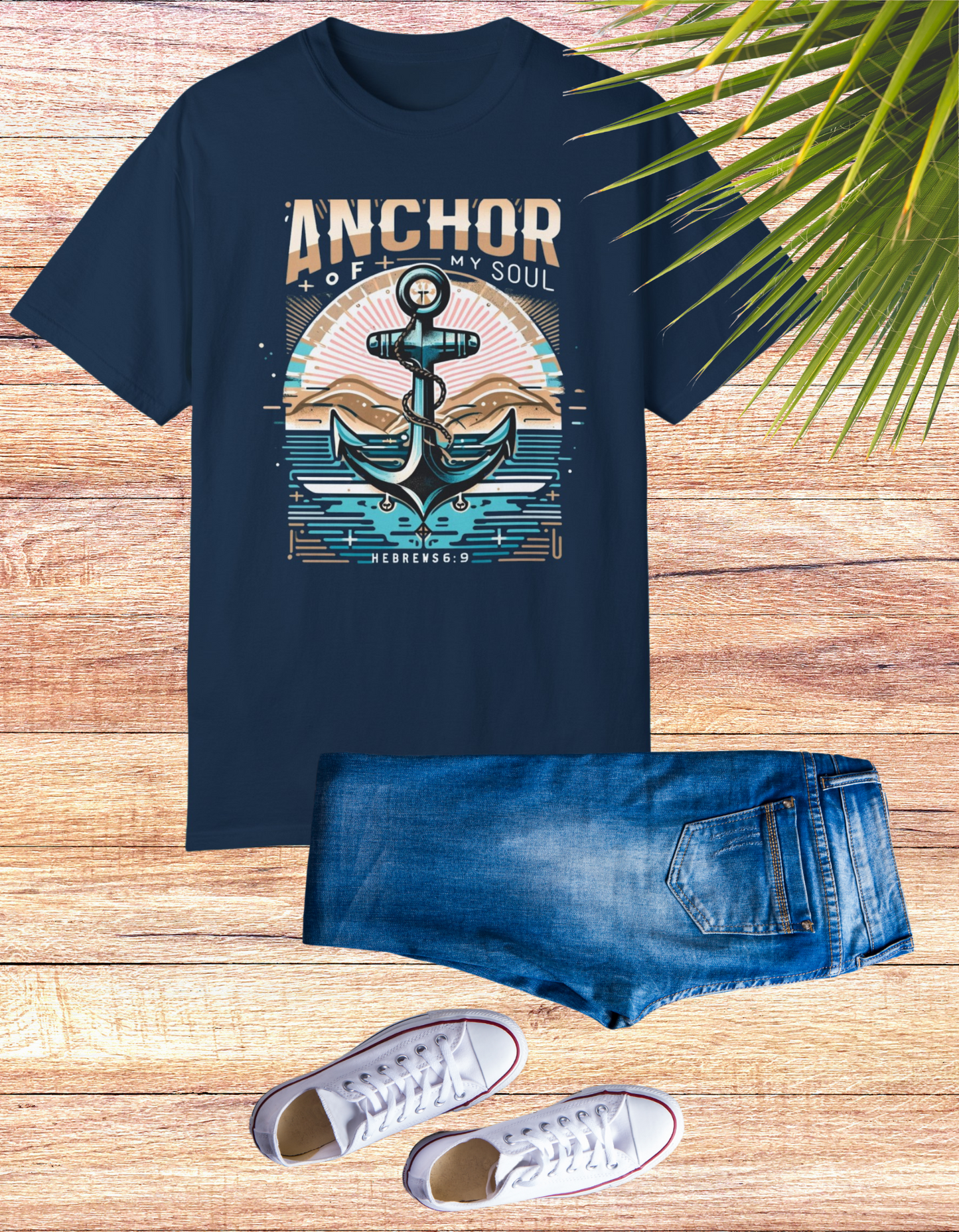 Dynamic "Anchor of My Soul" Christian graphic tee featuring a powerful anchor set against a serene ocean backdrop, perfect for expressing faith and spirituality with a vintage touch.