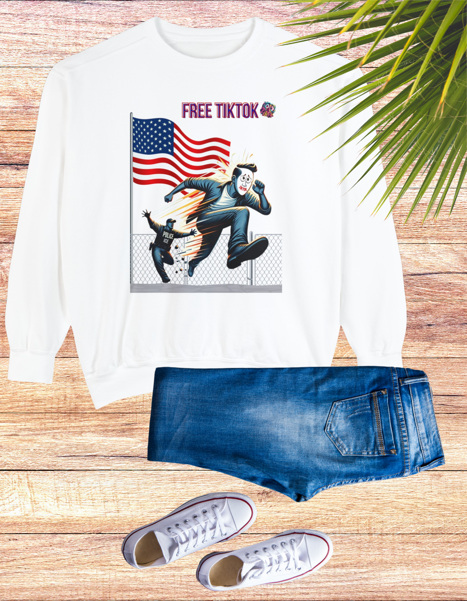 Bold "Free TikTok" vintage graphic sweatshirt featuring a dynamic illustration of a rebellious figure escaping over a fence with the American flag in the background, perfect for making a statement with style.