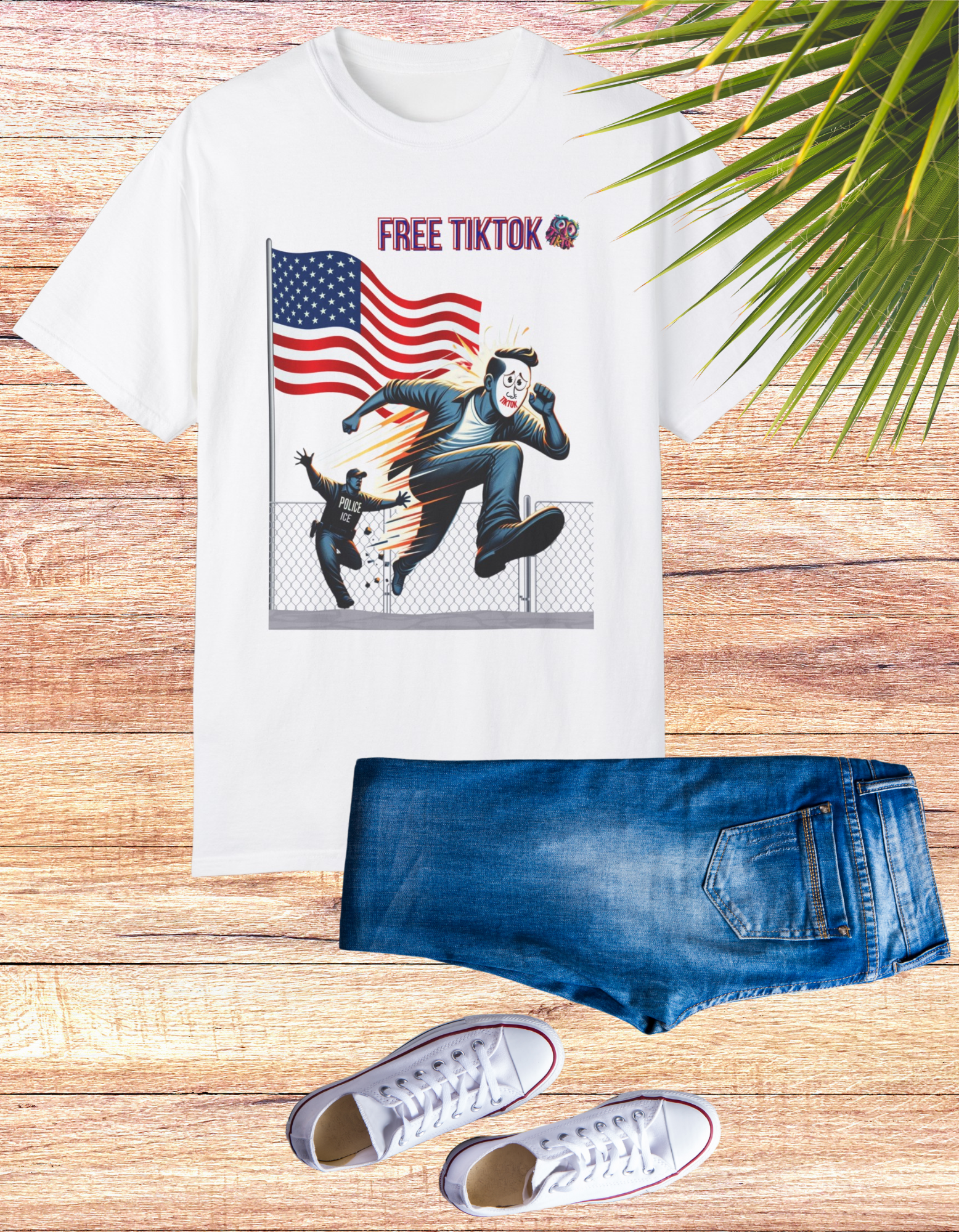 Rebellious "Free TikTok" vintage graphic tee featuring a masked figure escaping over a fence with the American flag in the background, perfect for making a bold and humorous statement with style.