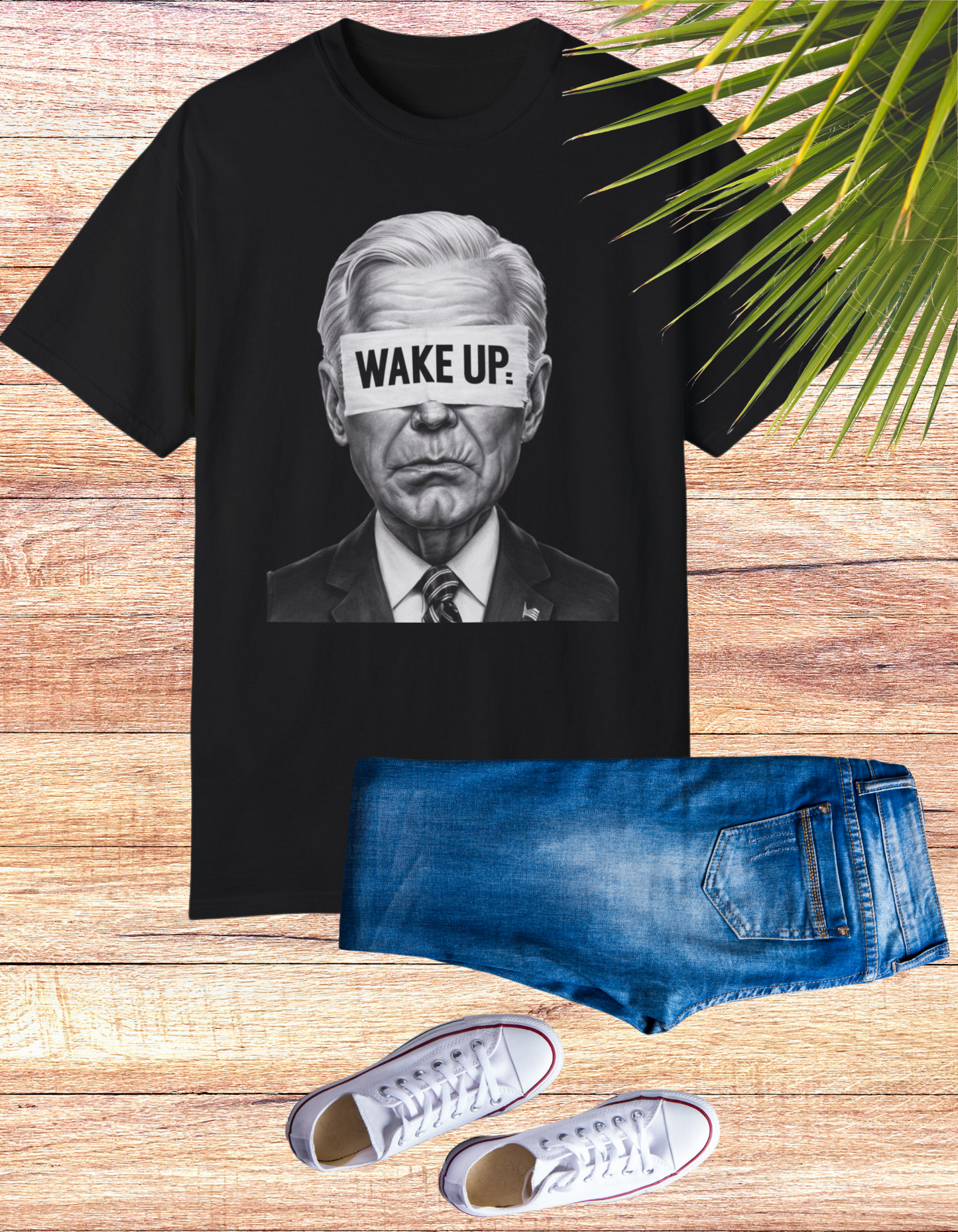 Bold "Wake Up" political t-shirt featuring an image of Joe Biden with "WAKE UP" text across his eyes, perfect for making a strong political statement.