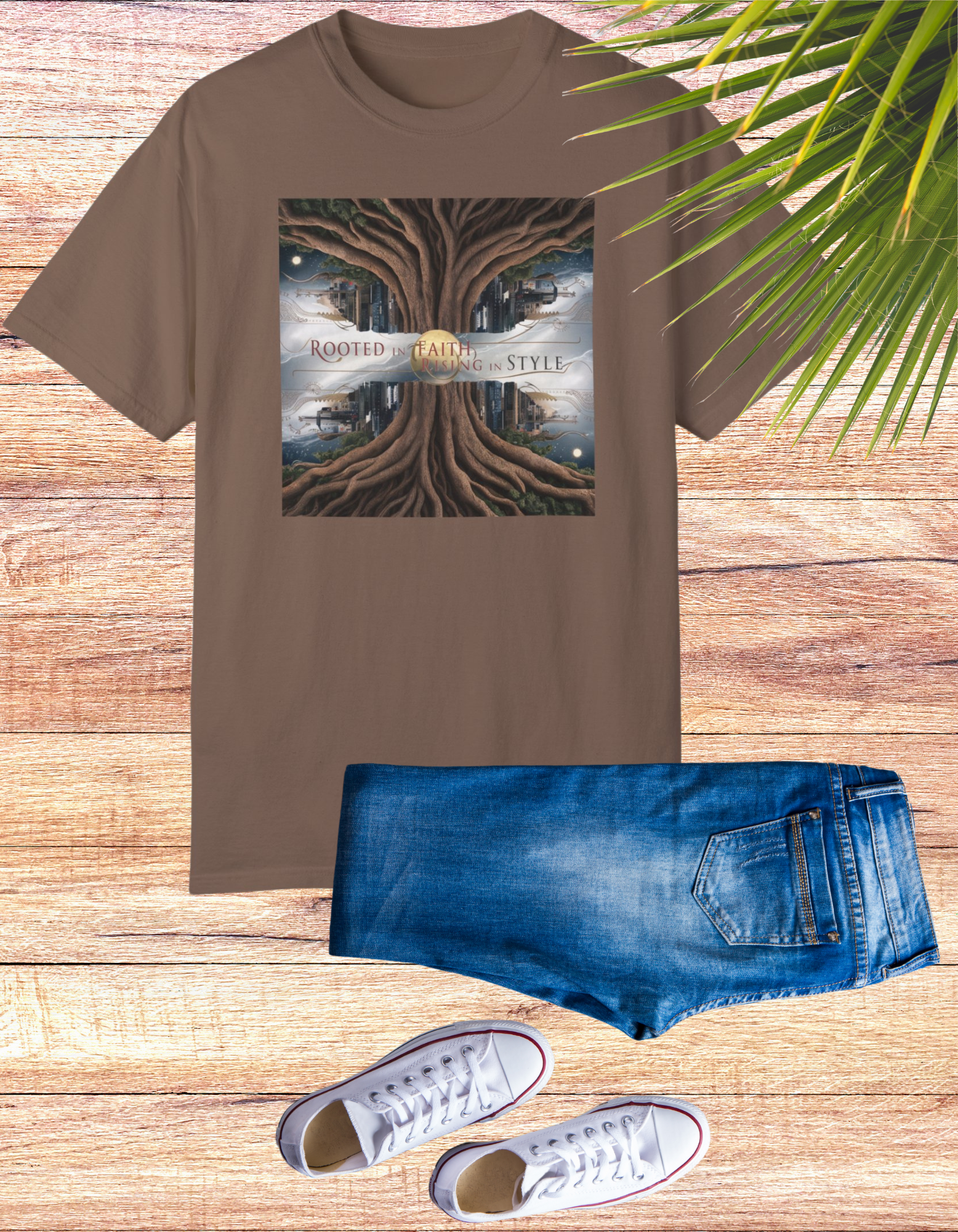 Inspirational "Rooted in Faith" Christian graphic tee featuring a stunning vintage tree design with the message "Rooted in Faith, Growing in Style," perfect for expressing faith and spirituality with a stylish touch.