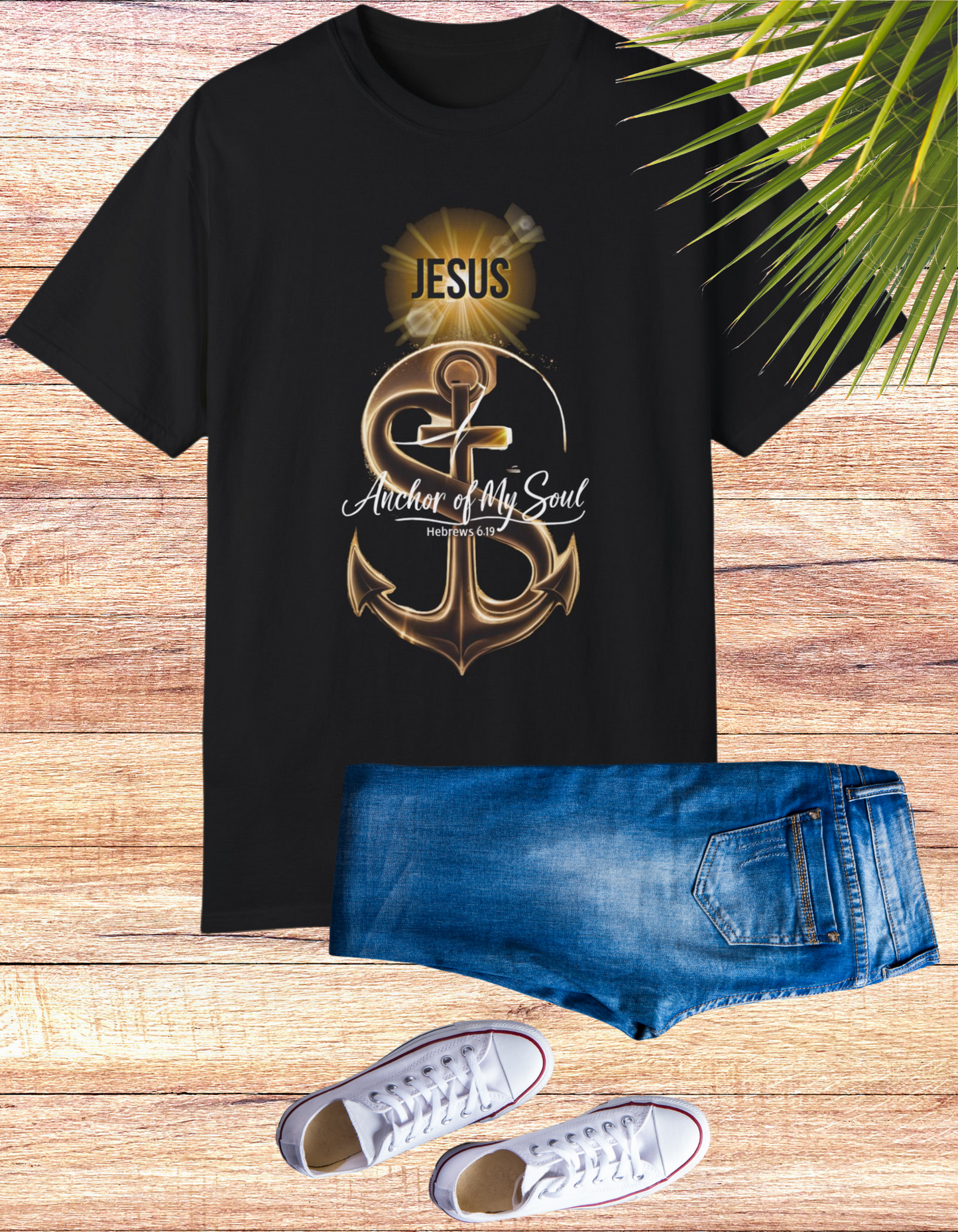 Empowering "Jesus is the Anchor of My Soul" Christian graphic tee featuring a powerful anchor design with radiant light, perfect for expressing faith and spirituality with a vintage touch.