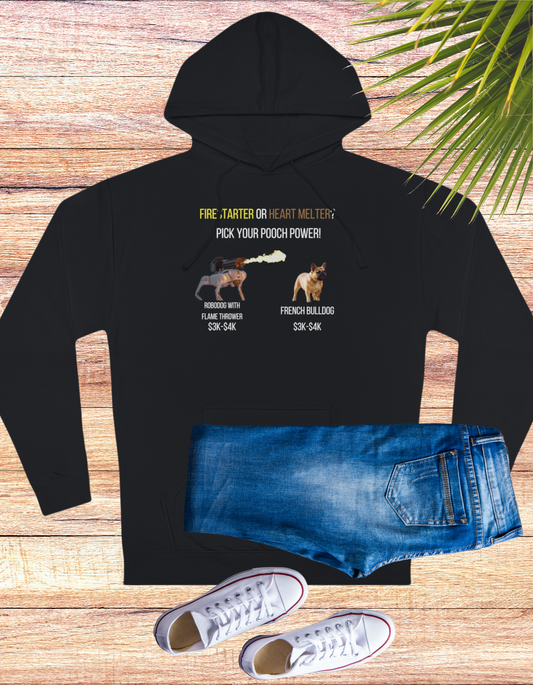 Unique "Pooch Power" dog lover hoodie featuring a fun design with a Robodog with a flamethrower and a French Bulldog, perfect for expressing your love for dogs with style and humor.