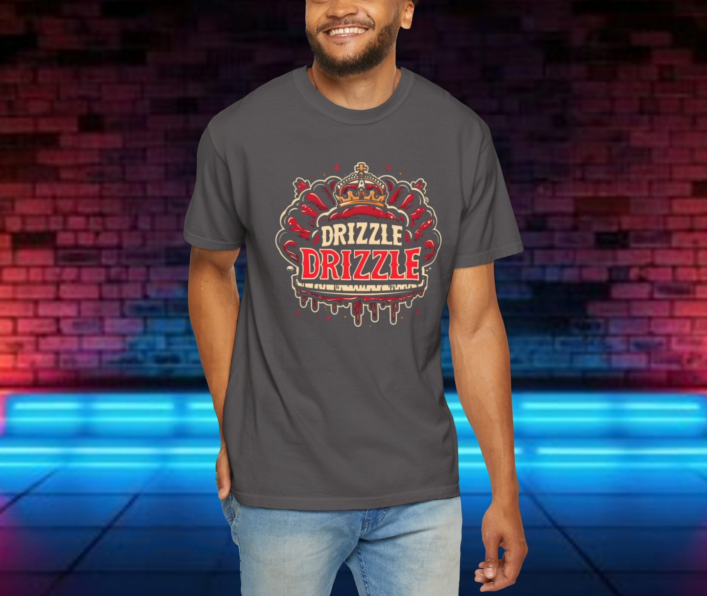 'Drizzle Drizzle' themed t-shirts showcasing a blend of royal crown imagery and modern slang, perfect for a relaxed yet stylish look.