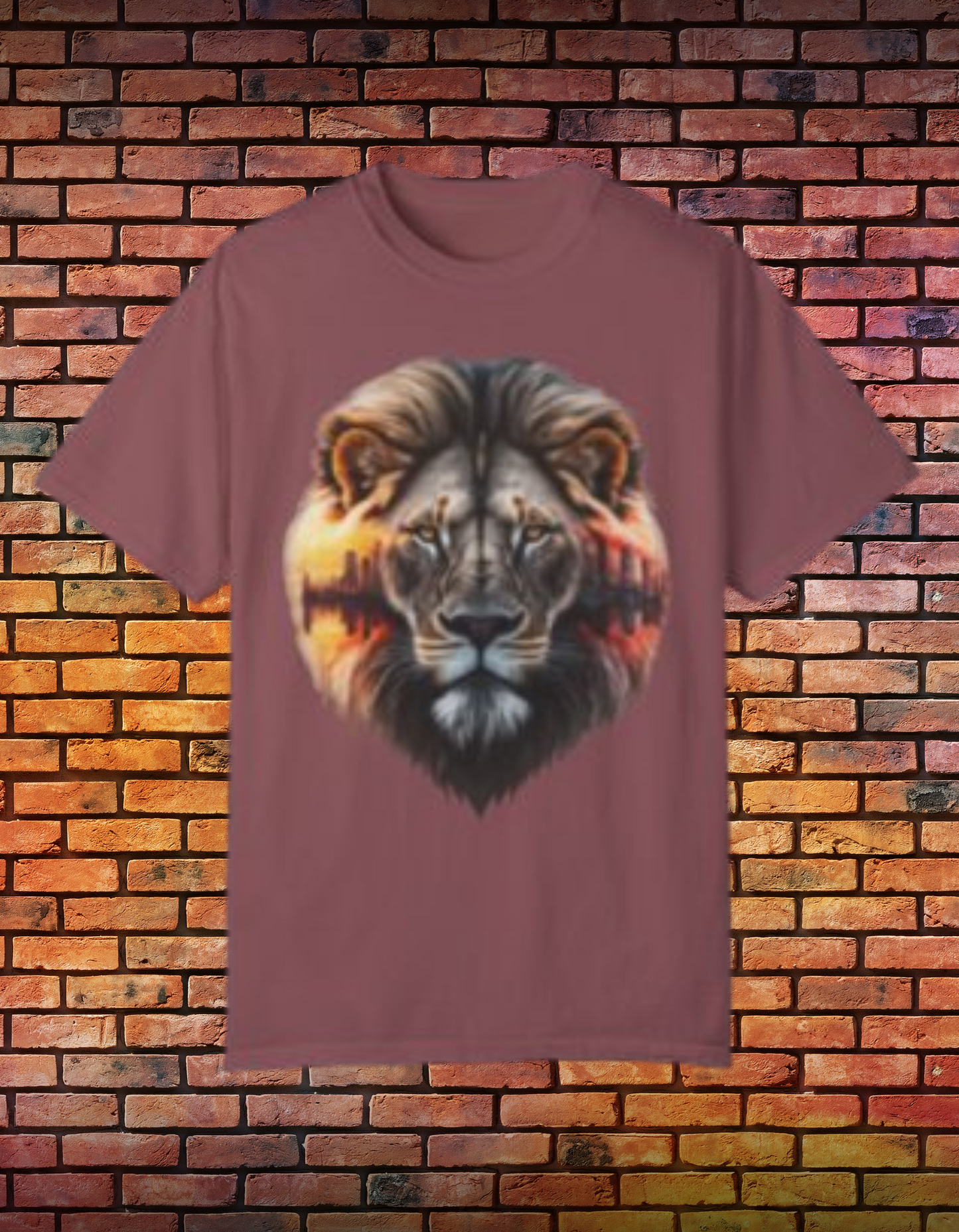 Urban Jungle Majesty Tee with lion and panther silhouette against a city skyline.