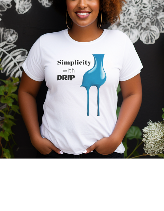 White tee with a striking blue drip graphic and 'Simplicity with DRIP' text, merging minimalistic design with a pop of color.