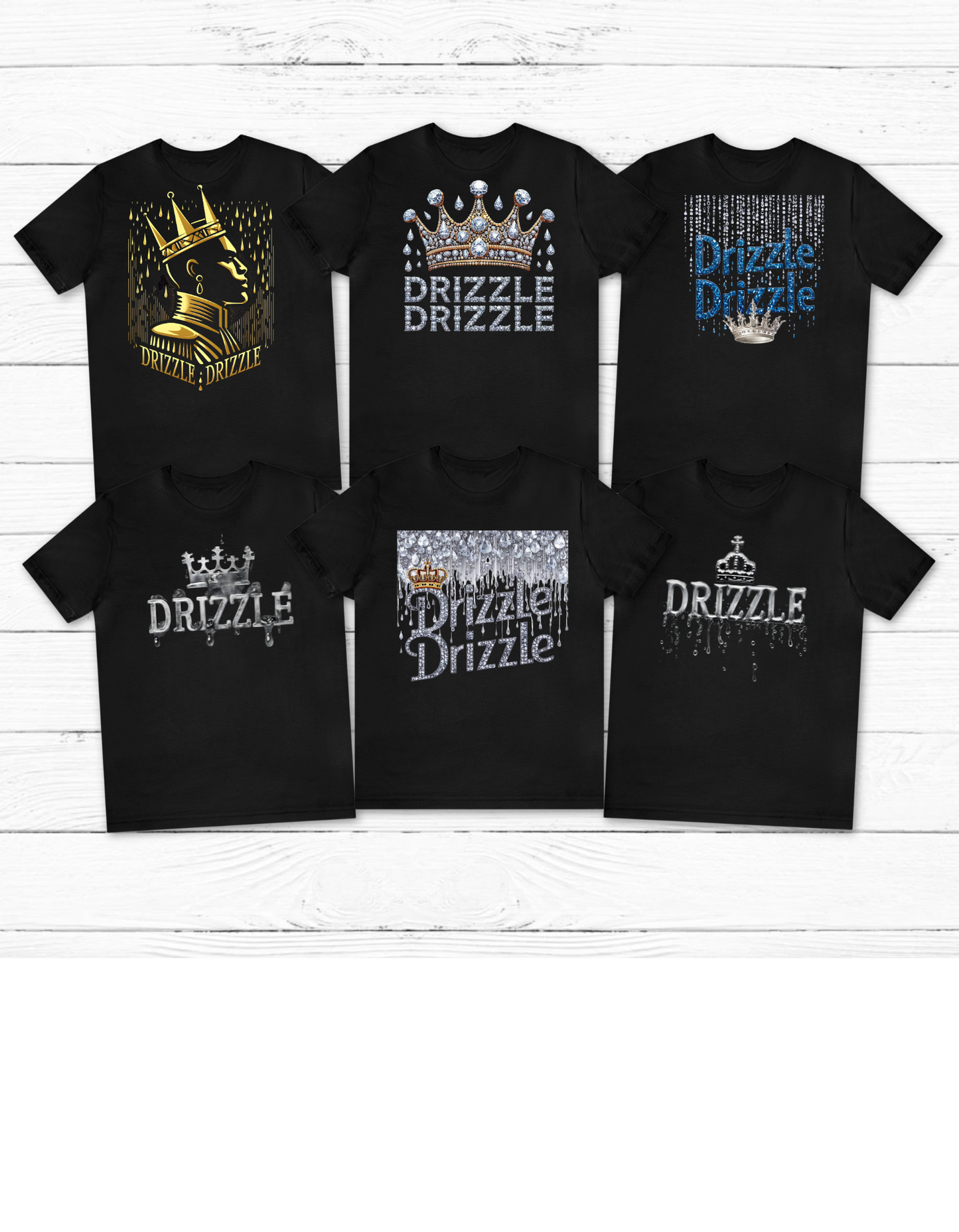 'Drizzle Drizzle' themed t-shirts showcasing a blend of royal crown imagery and modern slang, perfect for a relaxed yet stylish look.