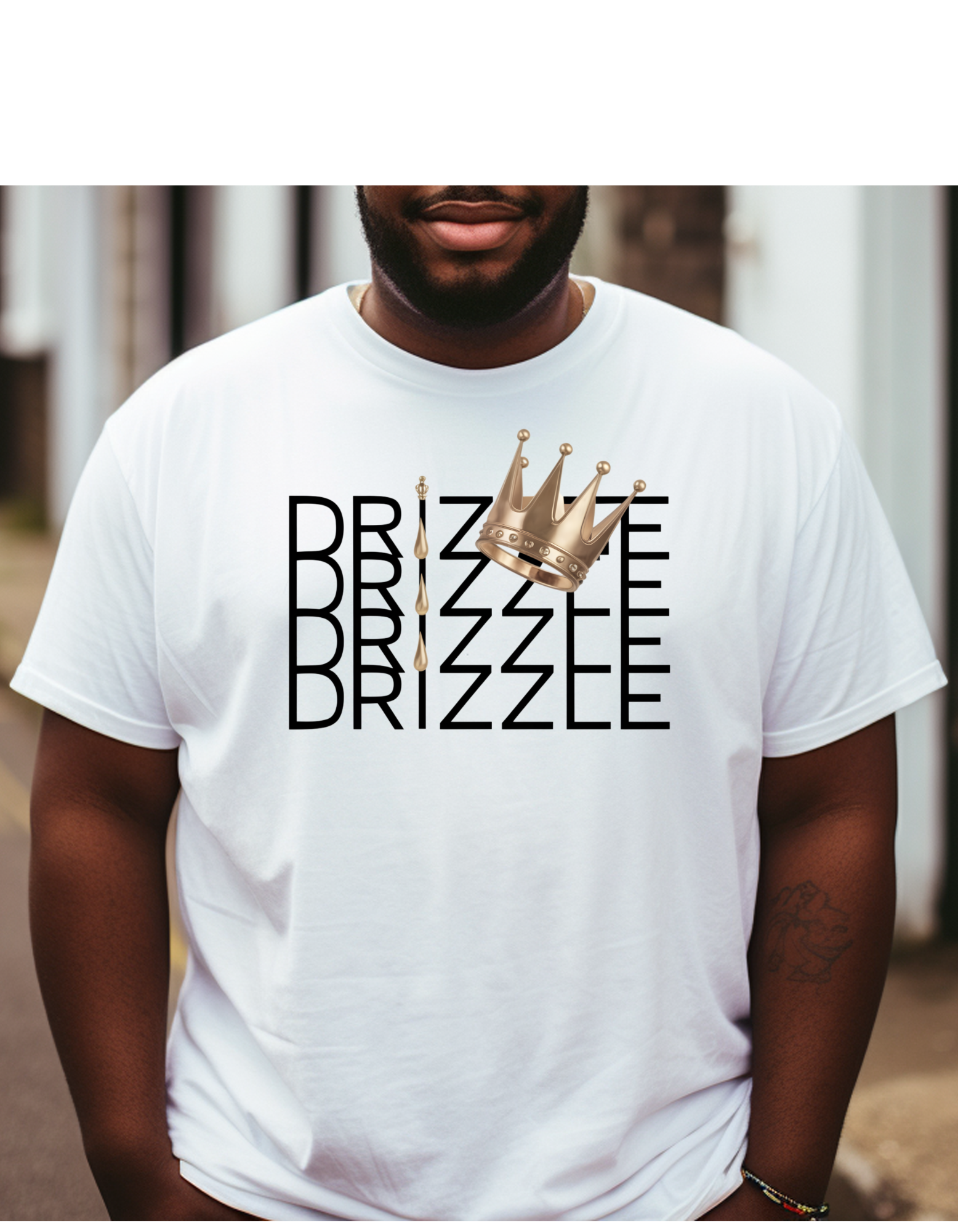 'Drizzle Drizzle' themed t-shirts showcasing a blend of royal crown imagery and modern slang, perfect for a relaxed yet stylish look.