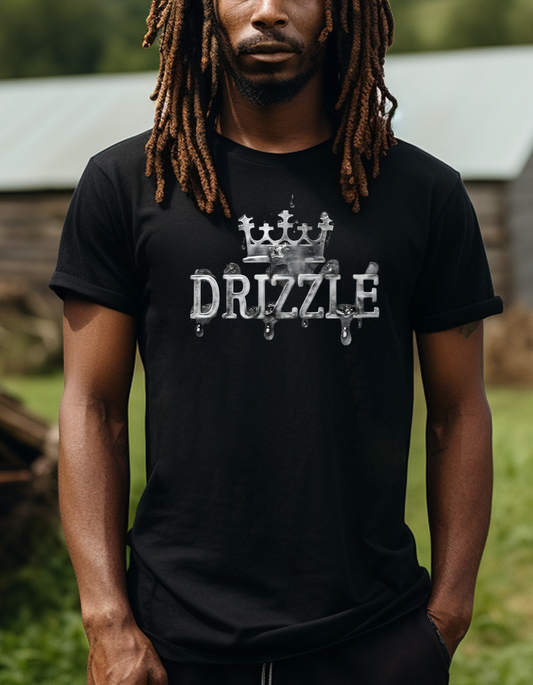 'Drizzle Drizzle' themed t-shirts showcasing a blend of royal crown imagery and modern slang, perfect for a relaxed yet stylish look.