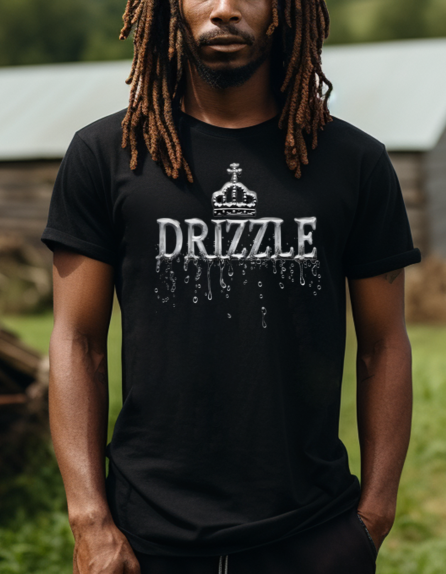 'Drizzle Drizzle' themed t-shirts showcasing a blend of royal crown imagery and modern slang, perfect for a relaxed yet stylish look.