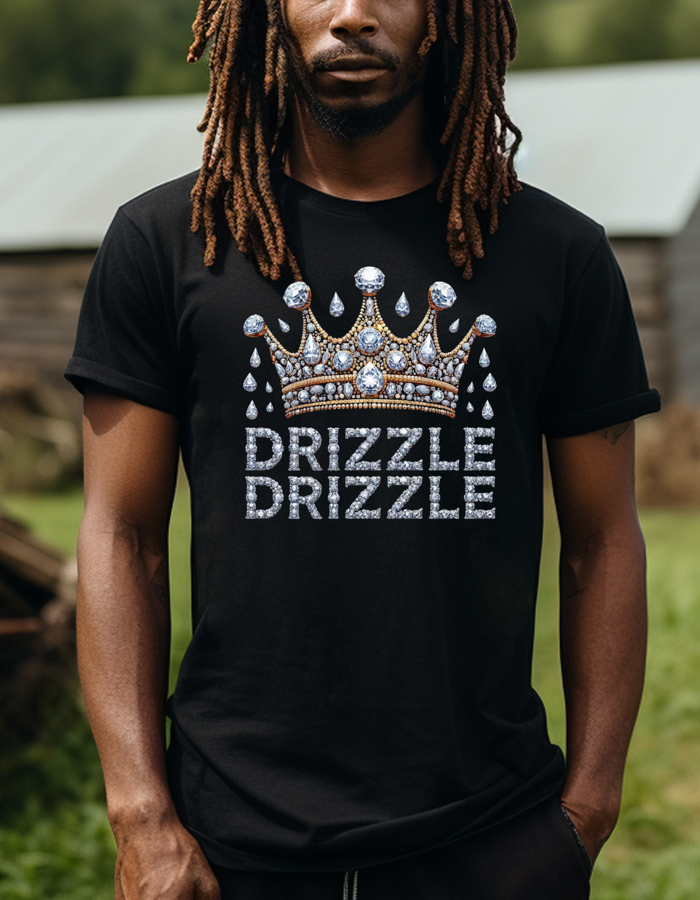 'Drizzle Drizzle' themed t-shirts showcasing a blend of royal crown imagery and modern slang, perfect for a relaxed yet stylish look.