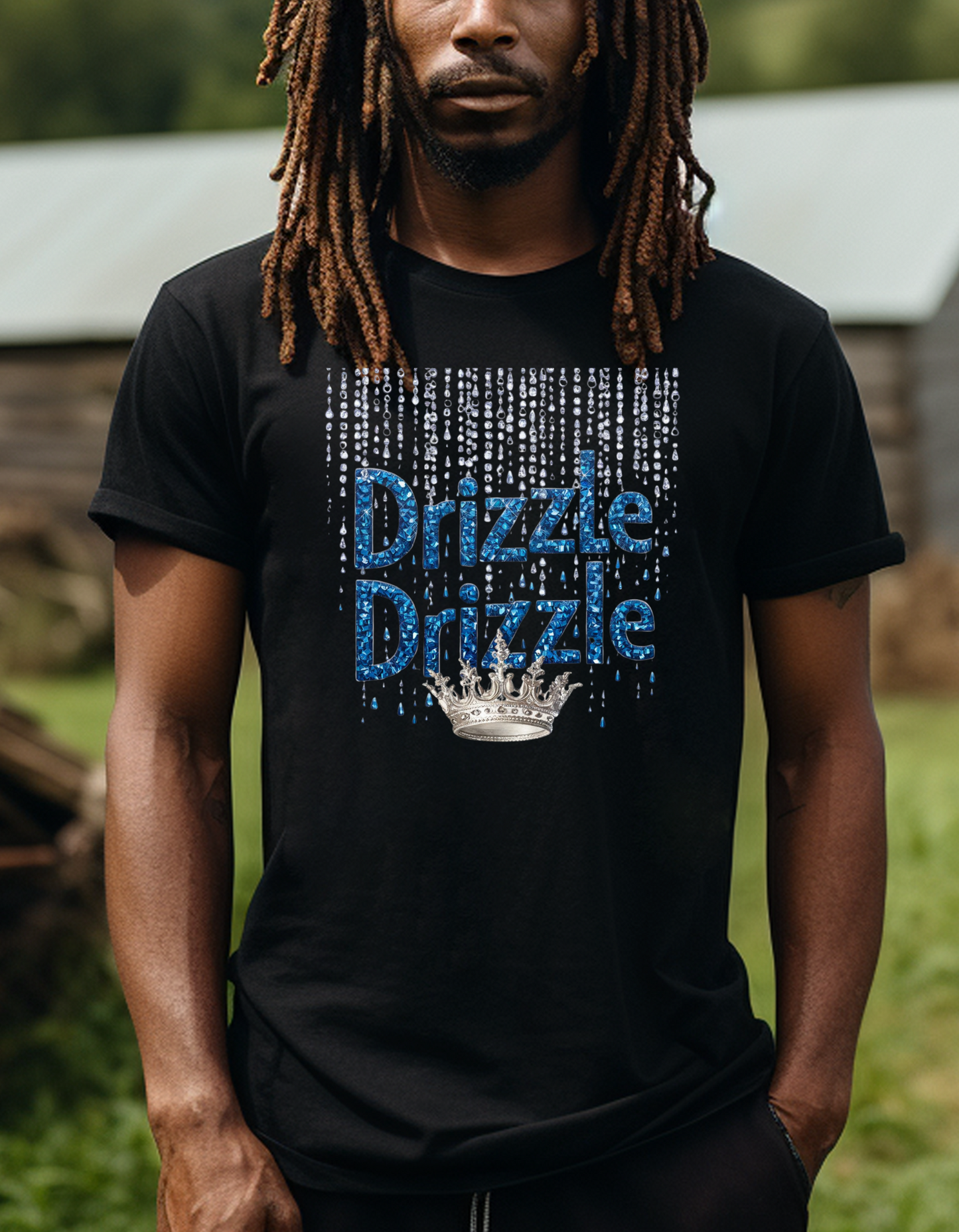 'Drizzle Drizzle' themed t-shirts showcasing a blend of royal crown imagery and modern slang, perfect for a relaxed yet stylish look.