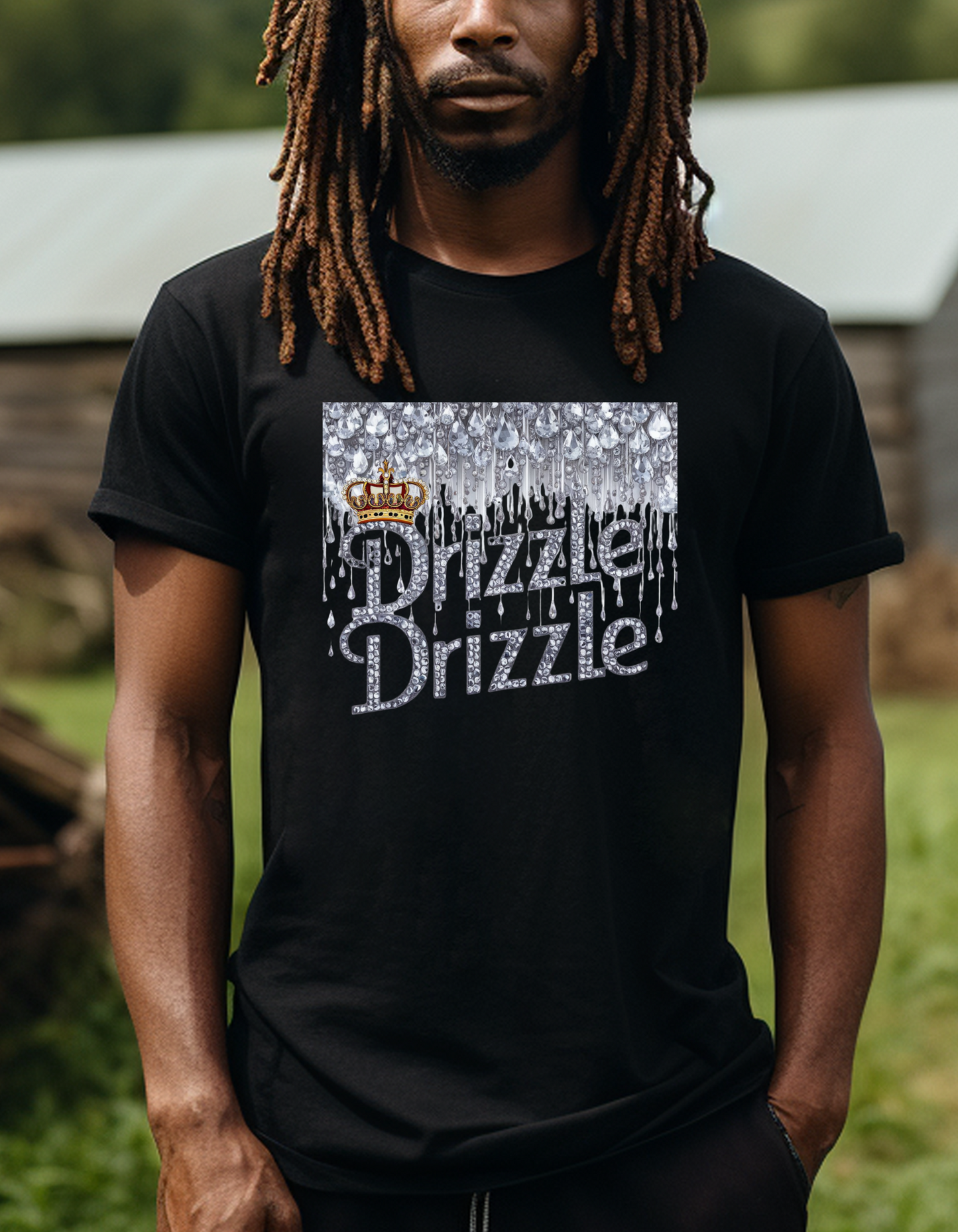 'Drizzle Drizzle' themed t-shirts showcasing a blend of royal crown imagery and modern slang, perfect for a relaxed yet stylish look.