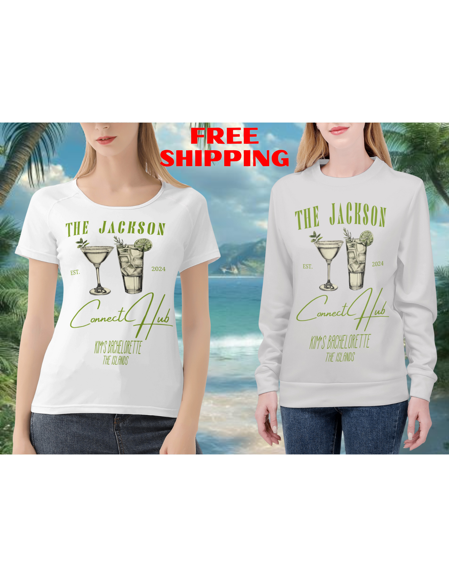 Custom bride squad crewneck for tropical and beach bachelorette parties, with a bespoke palm design and personalization options for a one-of-a-kind destination celebration.