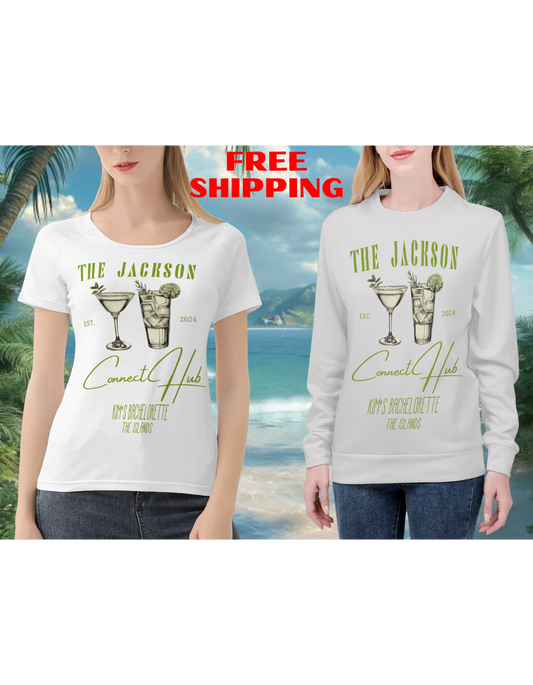 Custom bride squad crewneck for tropical and beach bachelorette parties, with a bespoke palm design and personalization options for a one-of-a-kind destination celebration.