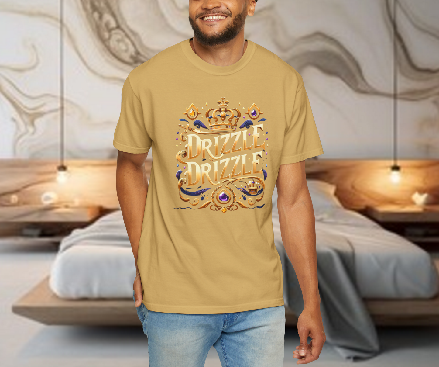 'Drizzle Drizzle' themed t-shirts showcasing a blend of royal crown imagery and modern slang, perfect for a relaxed yet stylish look.