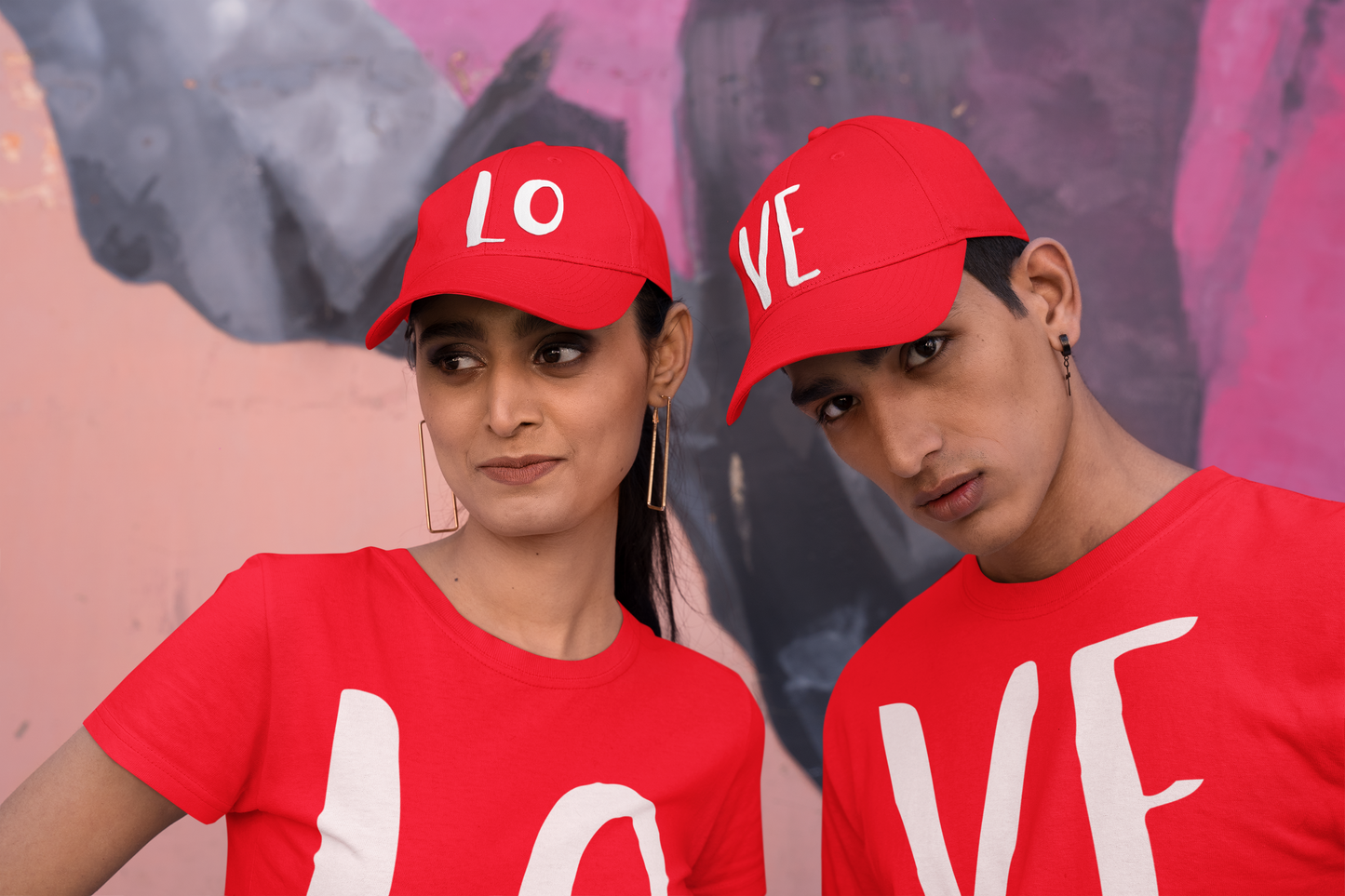 Red couple's matching T-shirt set with "VE" on one shirt and "VE" on the other, featuring "EST 2018" in white text.