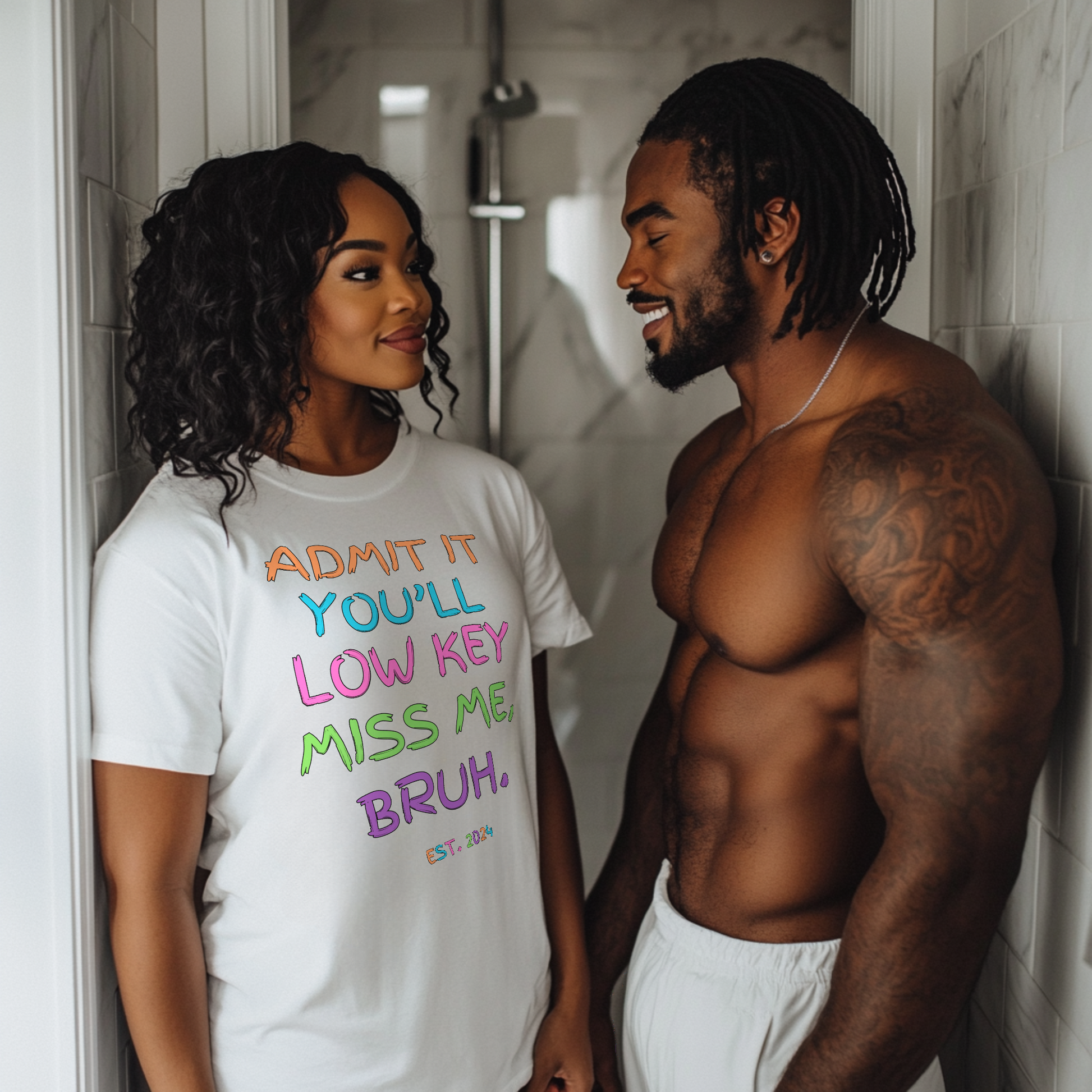 T-shirt featuring colorful text that reads 'Admit It, You’ll Low Key Miss Me, Bruh', a playful summer shirt perfect for teachers, celebrating the end of the school year.