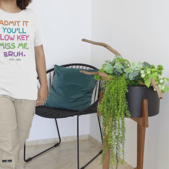 T-shirt featuring colorful text that reads 'Admit It, You’ll Low Key Miss Me, Bruh', a playful summer shirt perfect for teachers, celebrating the end of the school year.